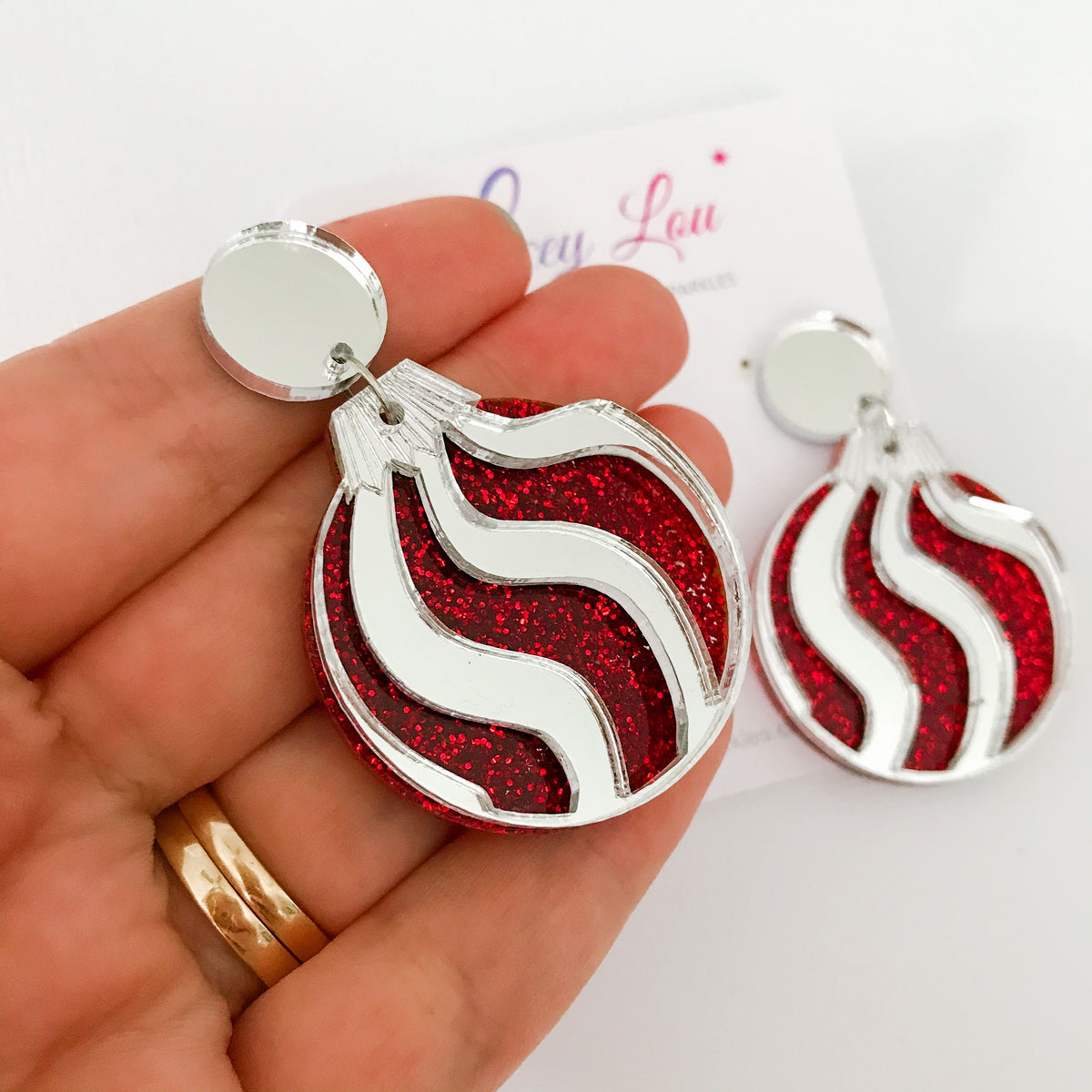 Christmas Bauble Earrings - Red Glitter and Silver.