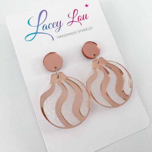 Christmas Bauble Earrings - White Glitter and Rose Gold.