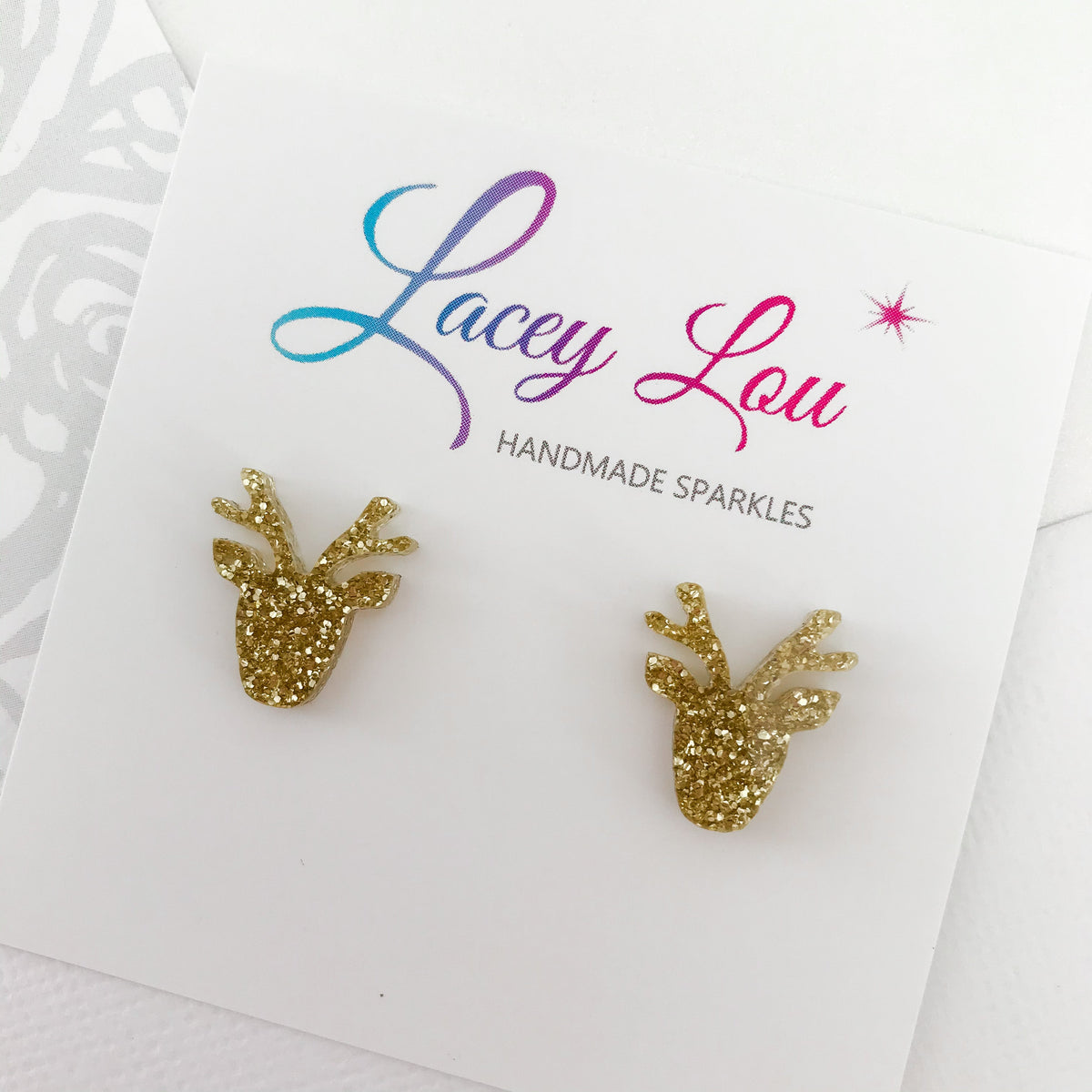 Christmas Reindeer Stud Earrings - Gold Glitter.