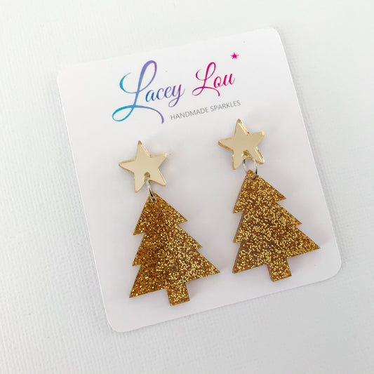 Christmas Tree Dangle Earrings - Gold Glitter.