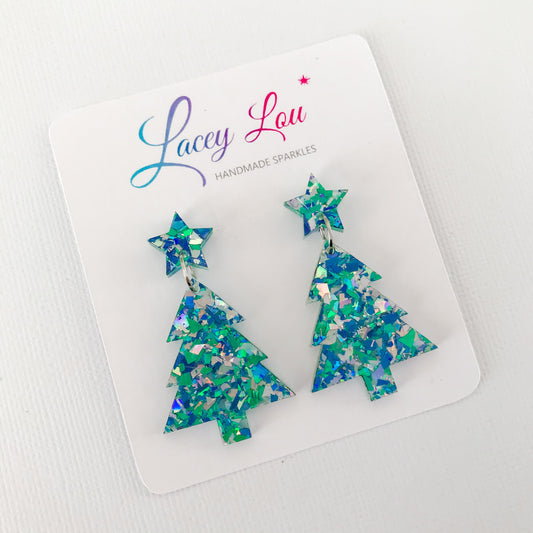 Christmas Tree Dangle Earrings - Ice Blue Glitter.
