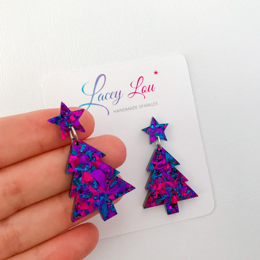 Christmas Tree Dangle Earrings - Midnight Blue Glitter.