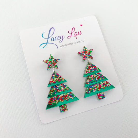 Christmas Tree Dangle Earrings - Tiered Confetti Glitter.