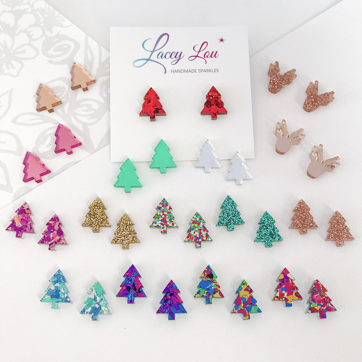 Christmas Tree Stud Earrings - Dark Rose Gold Glitter.