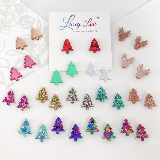 Christmas Tree Stud Earrings - Dark Rose Gold Glitter.