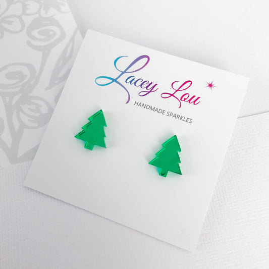 Christmas Tree Stud Earrings - Green Mirror.
