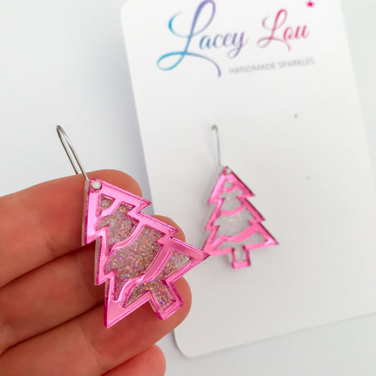 Layered Christmas Tree Earrings - Pink and White.