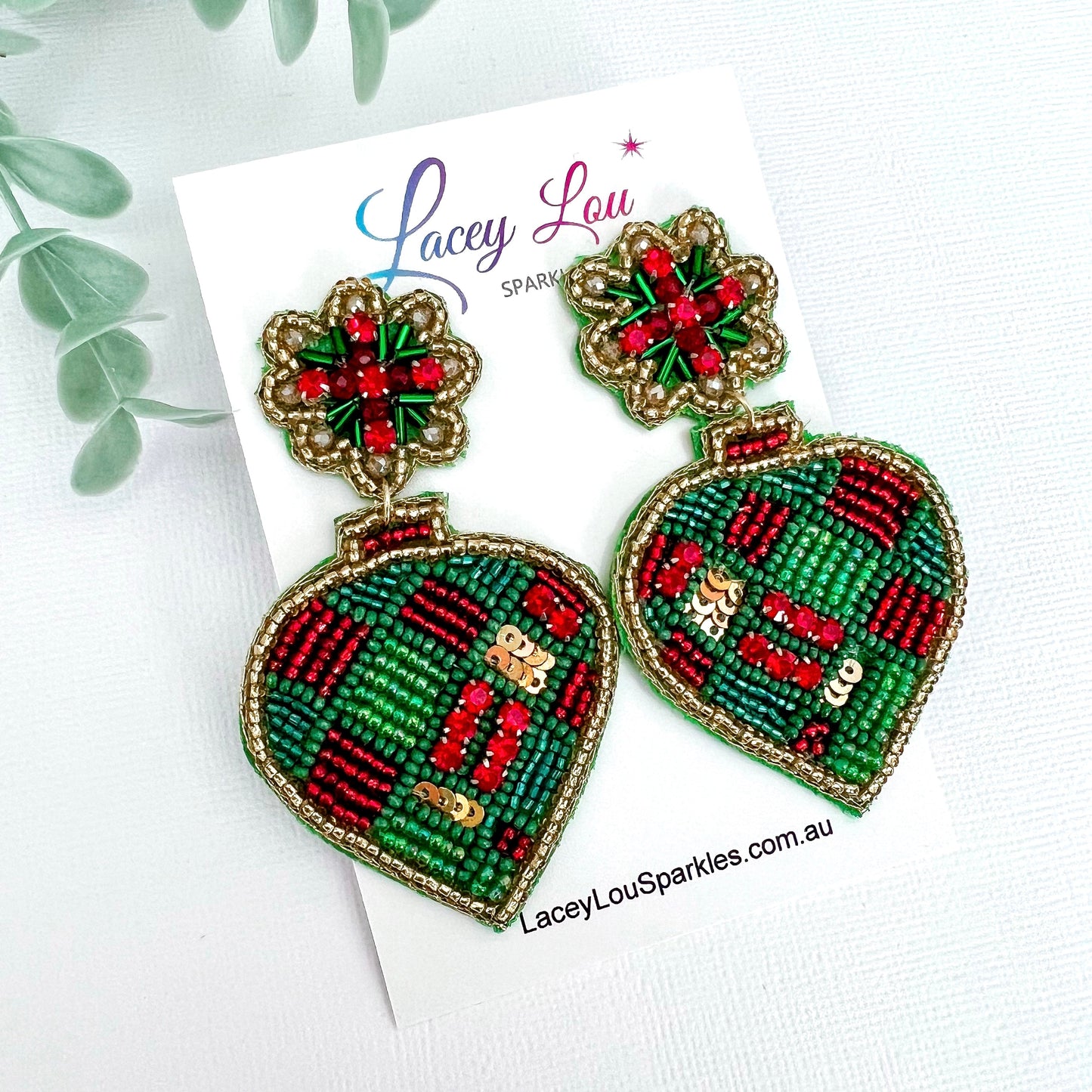 Beaded Green & Red Bauble Christmas Earrings - Lacey Lou Sparkles