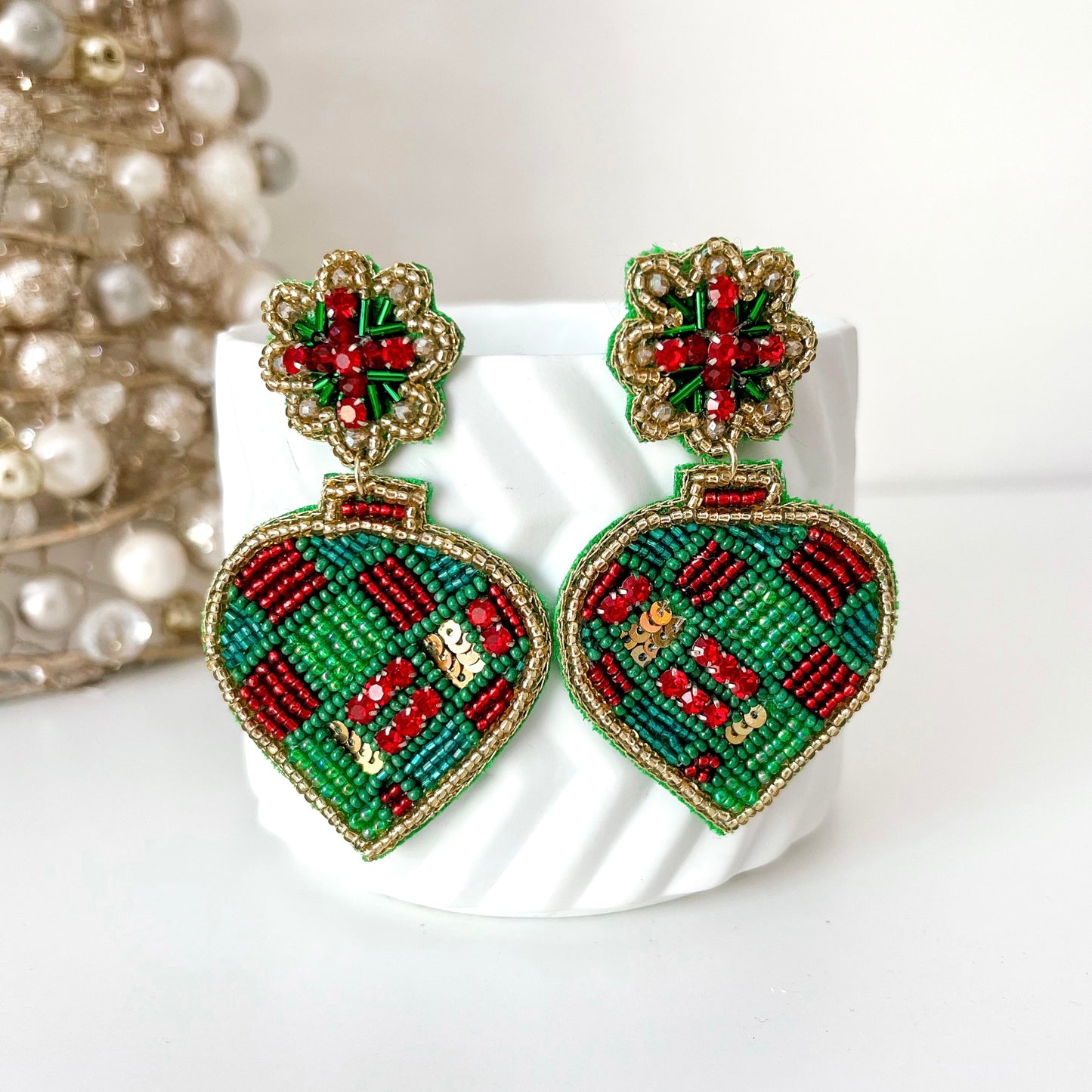 Beaded Green & Red Bauble Christmas Earrings - Lacey Lou Sparkles