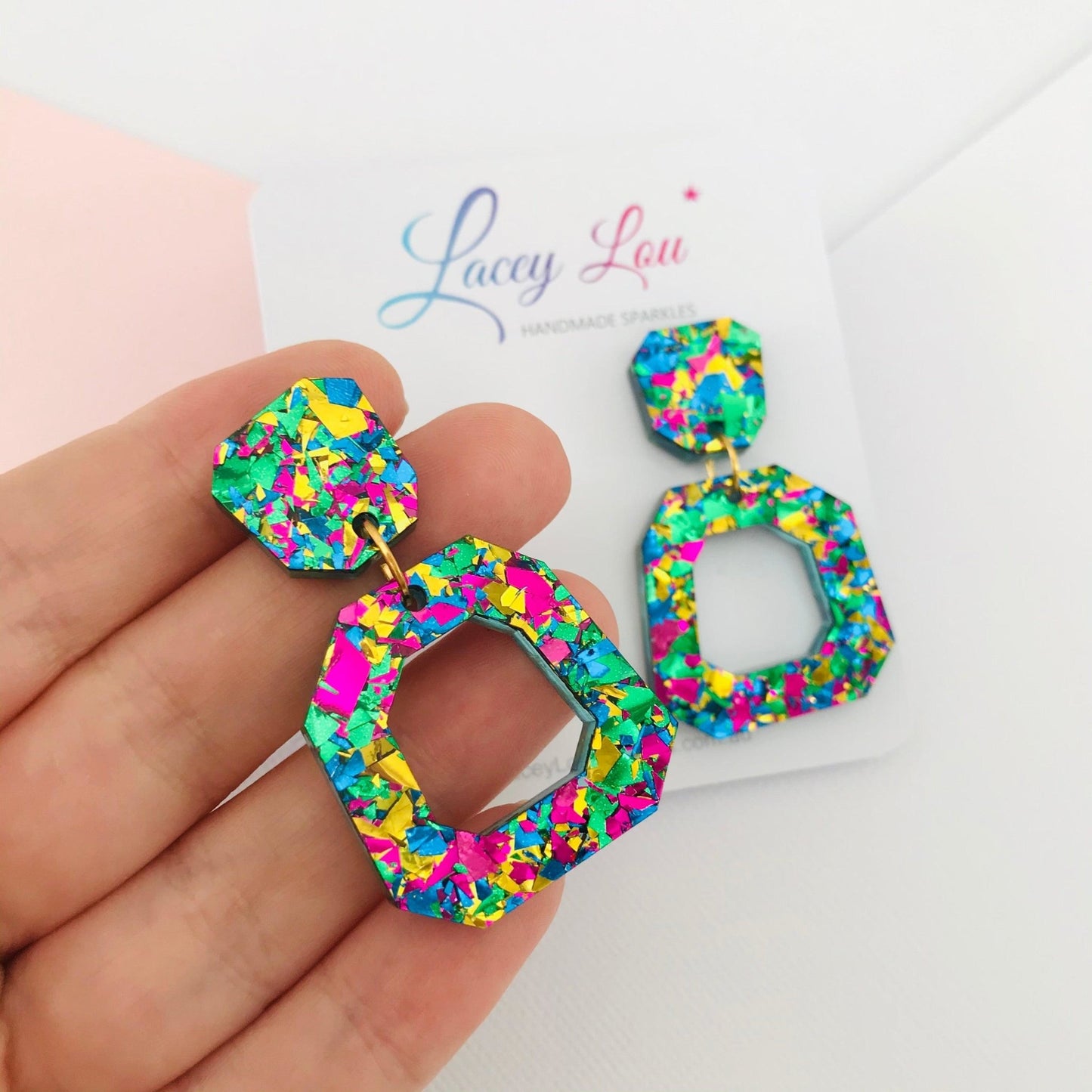 Blue Glitter Abstract Statement Acrylic Earrings - Lacey Lou Sparkles