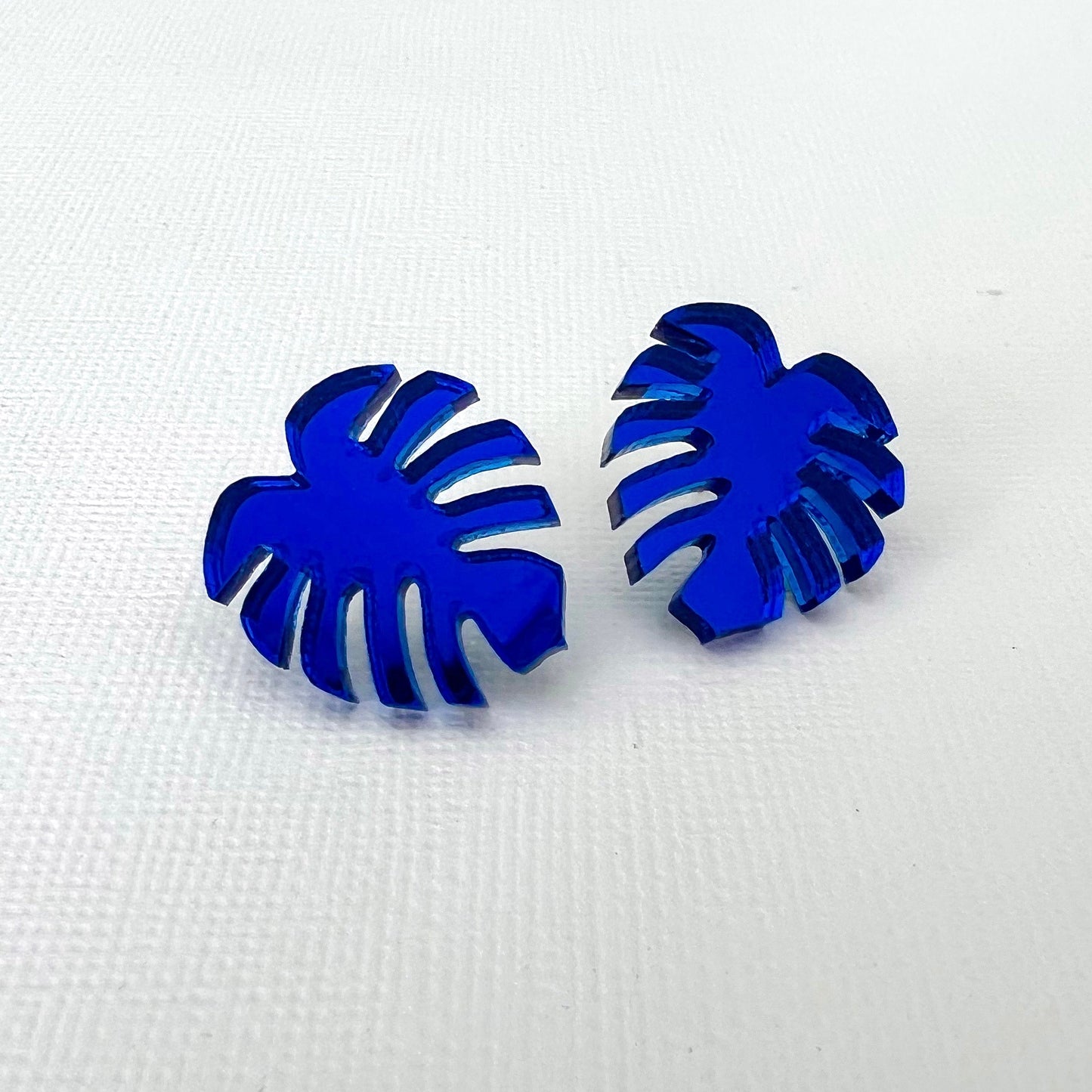 Blue Mirror Monstera Acrylic Studs - Lacey Lou Sparkles