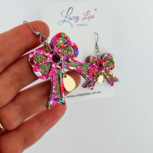 Bowtiful Rainbow & Gold Statement Acrylic Dangles - Lacey Lou Sparkles