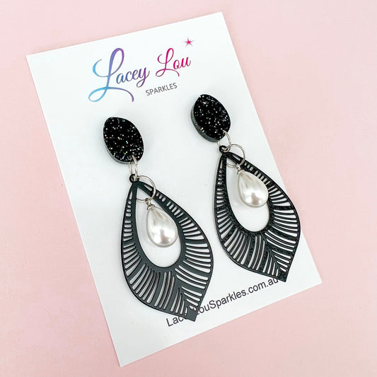 Brielle Black Lace + Pearl Statement Dangles - Lacey Lou Sparkles