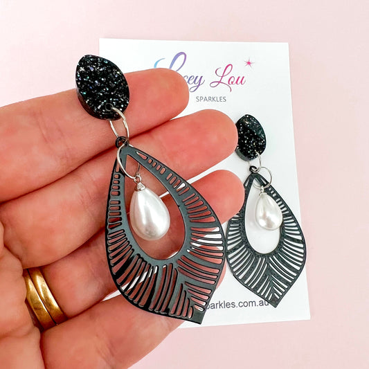 Brielle Black Lace + Pearl Statement Dangles - Lacey Lou Sparkles