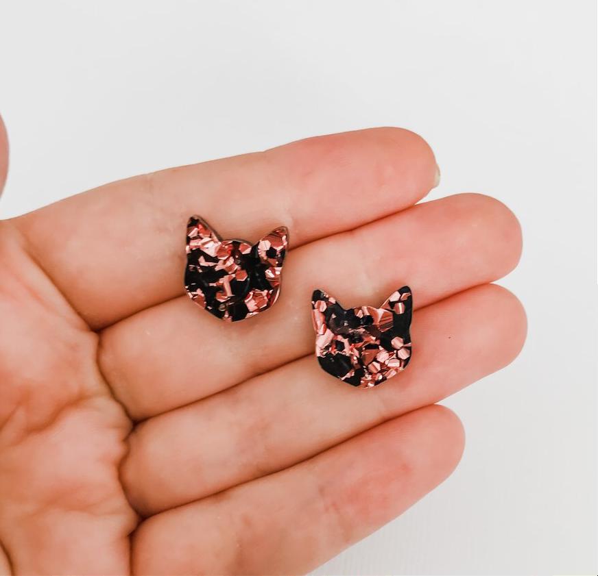 Cat Studs - Rose Gold and Black Glitter Cat Earrings - Lacey Lou Sparkles