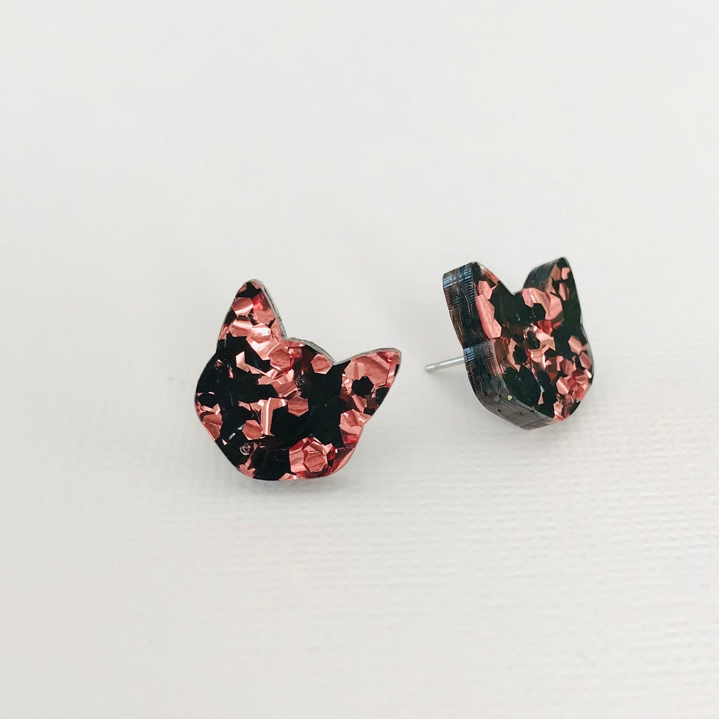 Cat Studs - Rose Gold and Black Glitter Cat Earrings - Lacey Lou Sparkles