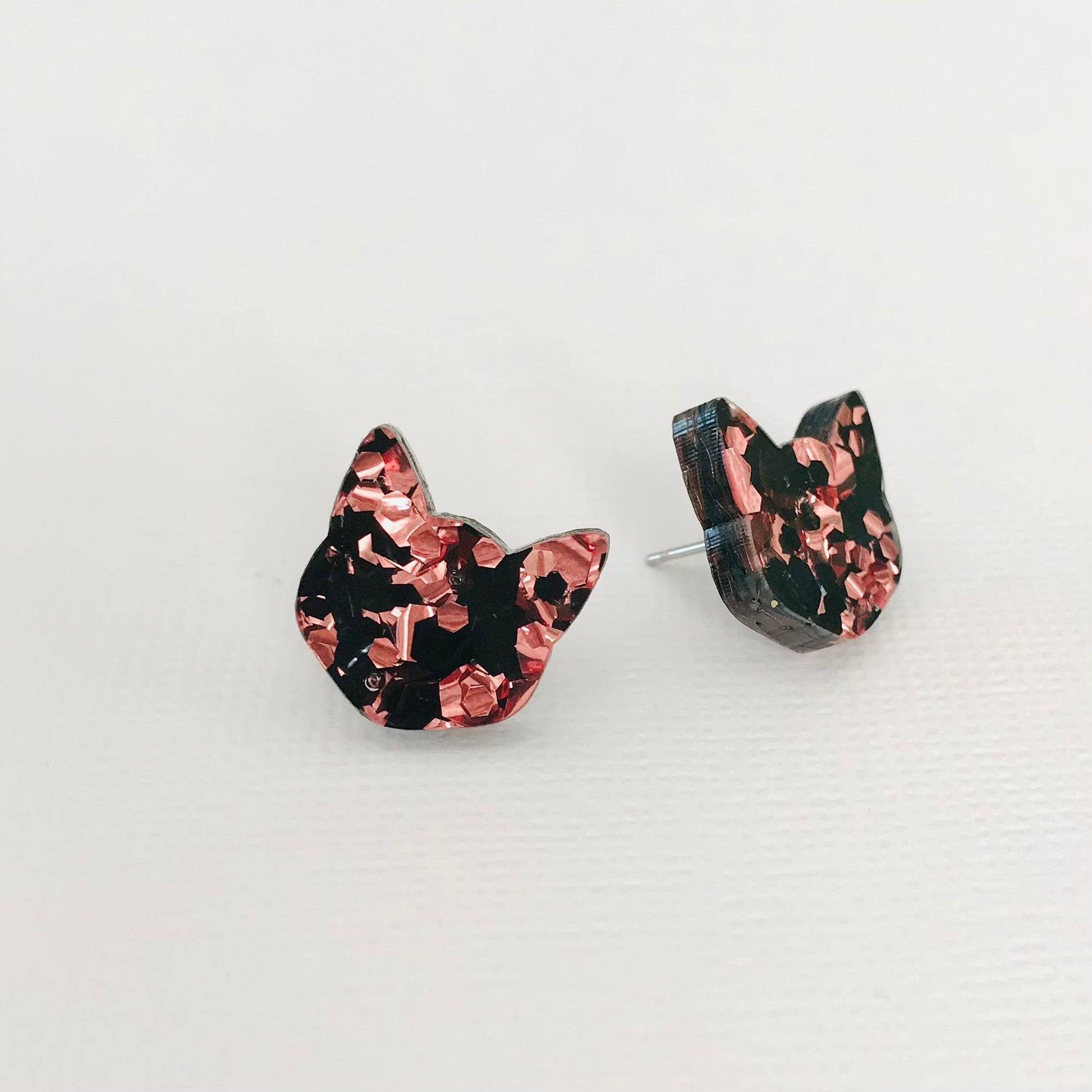 Cat Studs - Rose Gold and Black Glitter Cat Earrings - Lacey Lou Sparkles
