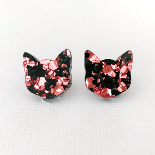 Cat Studs - Rose Gold and Black Glitter Cat Earrings - Lacey Lou Sparkles