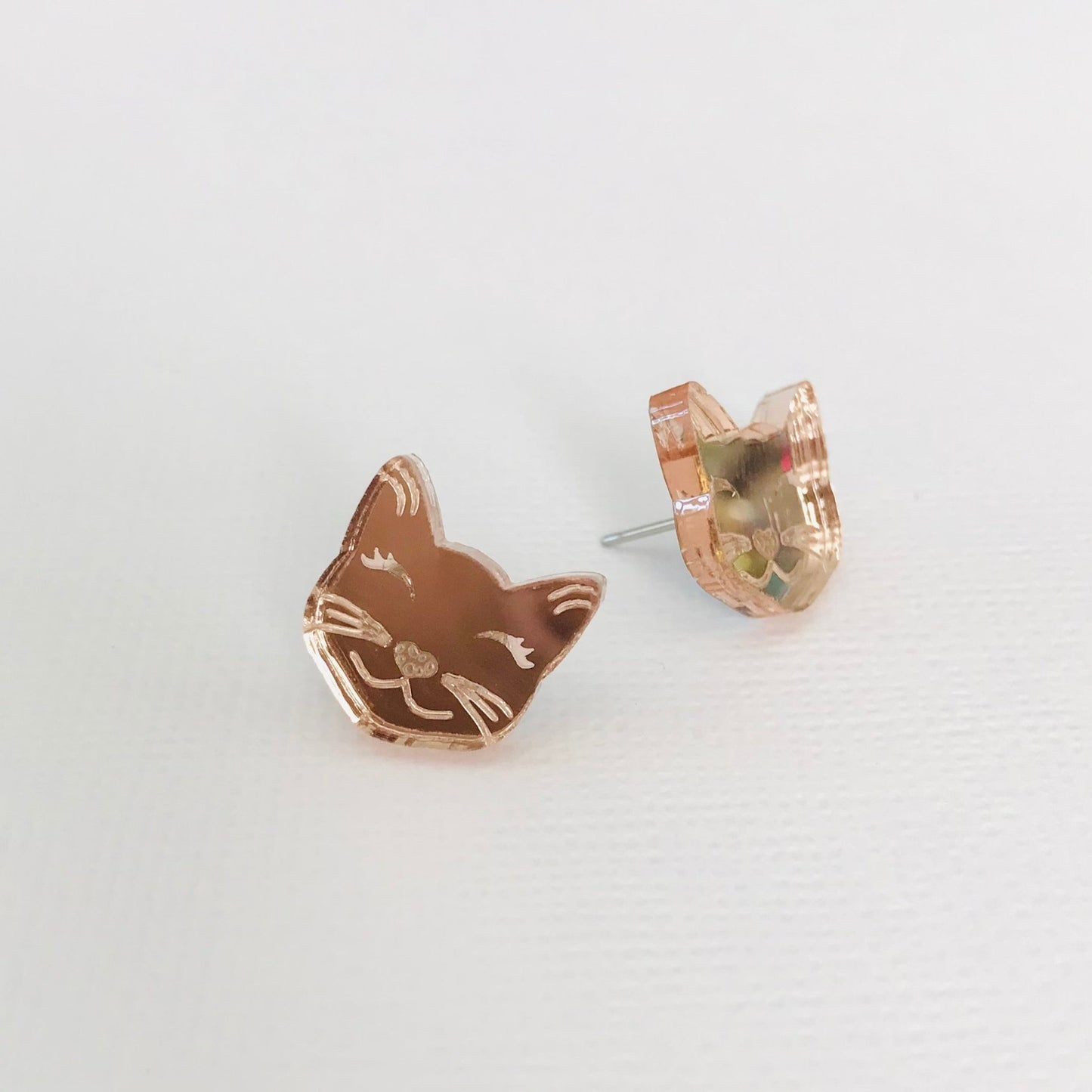 Cat Studs - Rose Gold Mirror Cat Earrings - Lacey Lou Sparkles