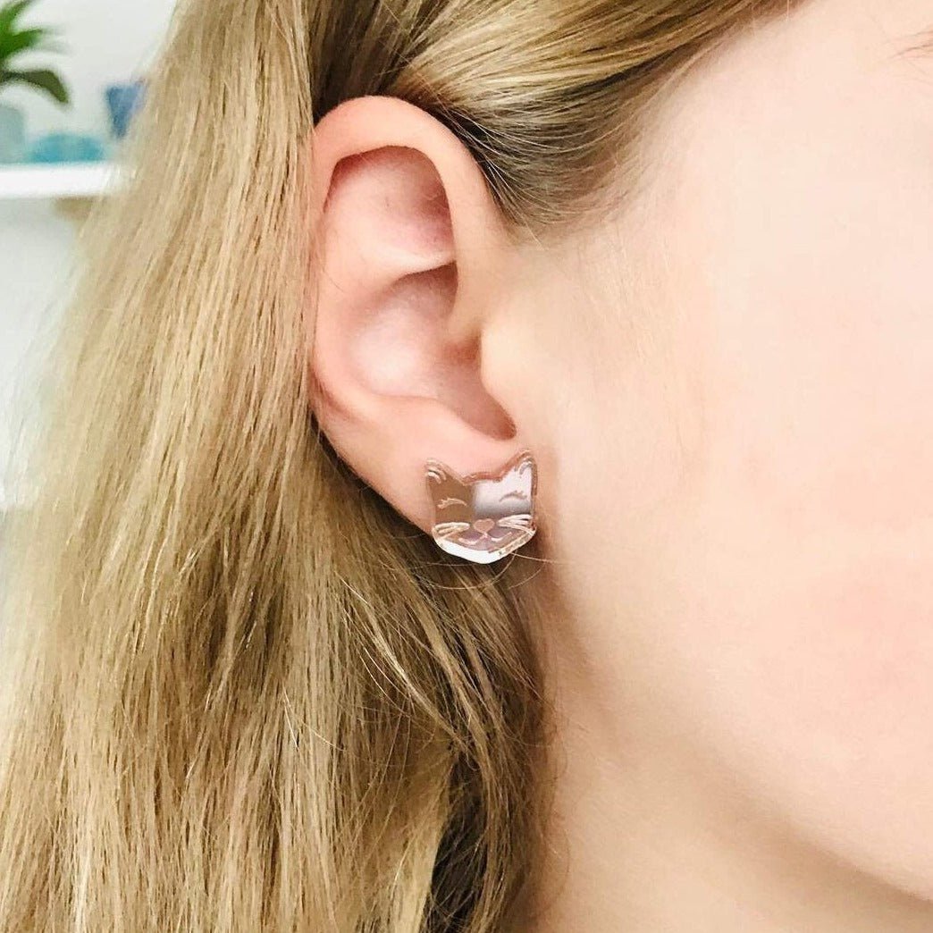 Cat Studs - Rose Gold Mirror Cat Earrings - Lacey Lou Sparkles