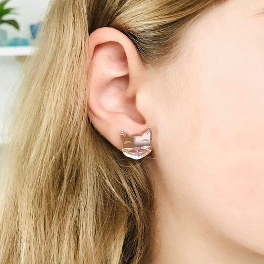 Cat Studs - Rose Gold Mirror Cat Earrings - Lacey Lou Sparkles