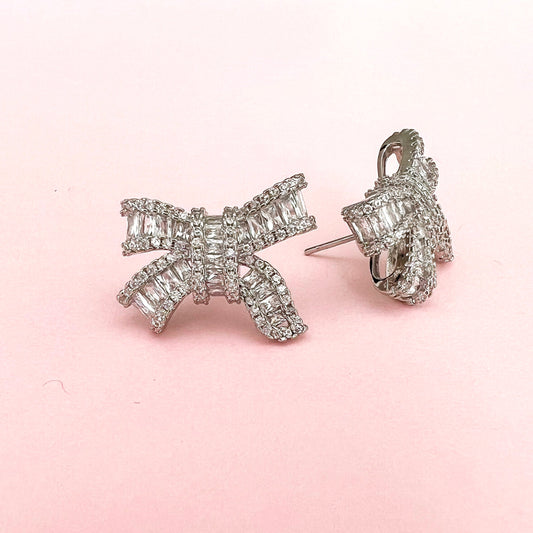 Charlotte Silver Bow Stud Earrings - Lacey Lou Sparkles