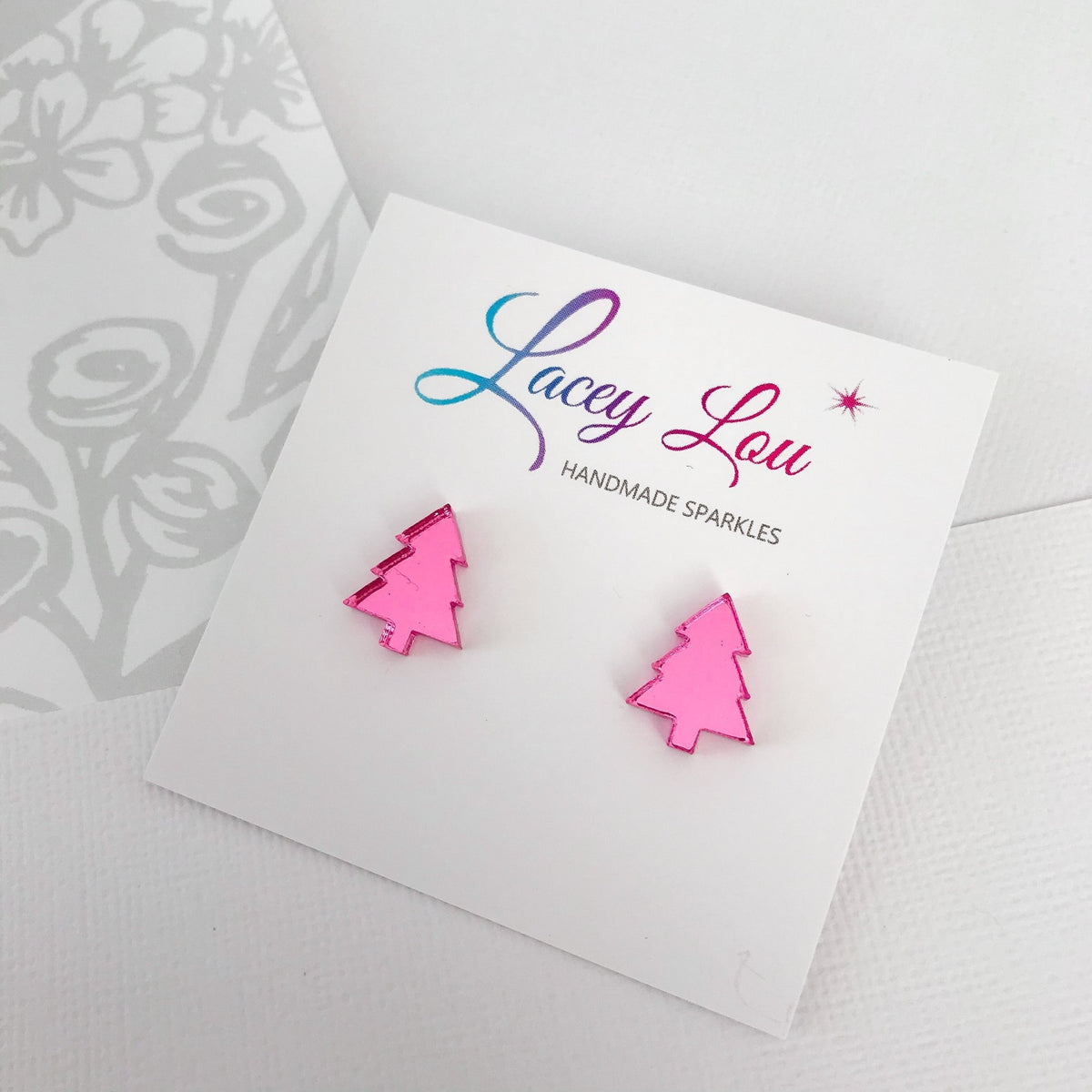 Christmas Tree Stud Earrings - Pink Mirror - CLEARANCE - Lacey Lou Sparkles
