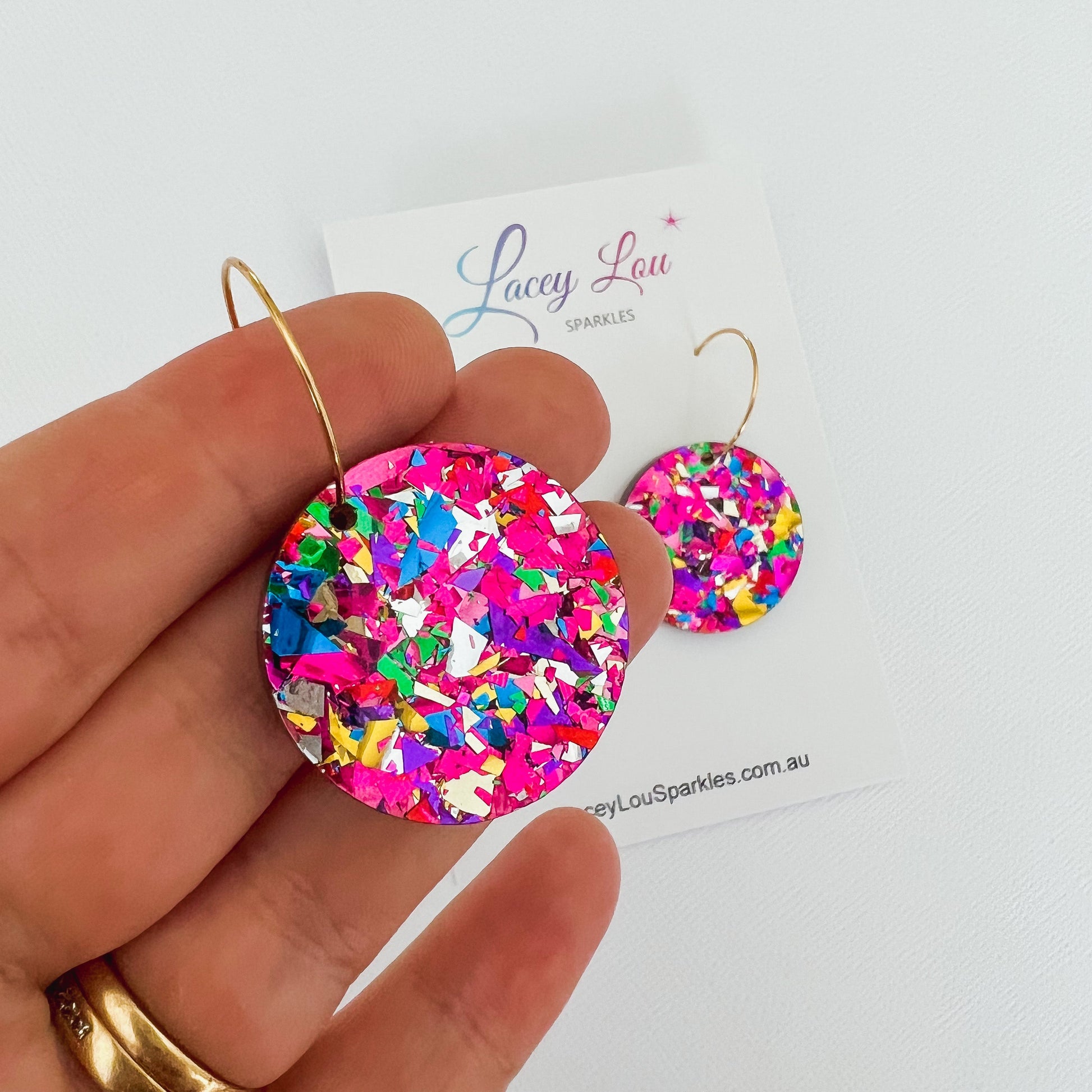 CLEARANCE Round Rainbow Glitter Acrylic Hoop Dangle Earrings - Lacey Lou Sparkles