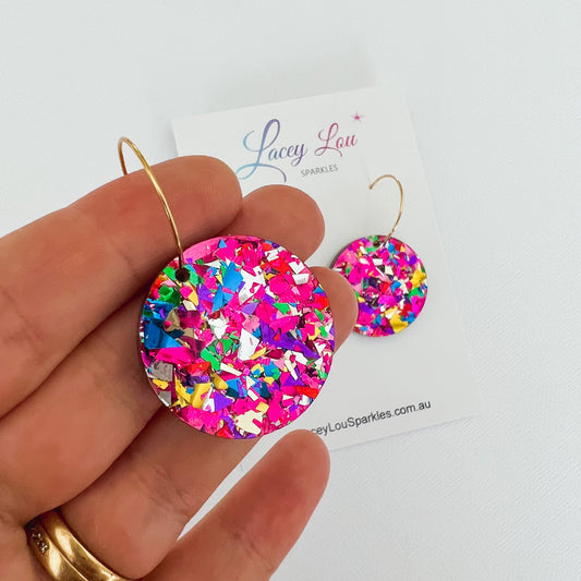 CLEARANCE Round Rainbow Glitter Acrylic Hoop Dangle Earrings - Lacey Lou Sparkles