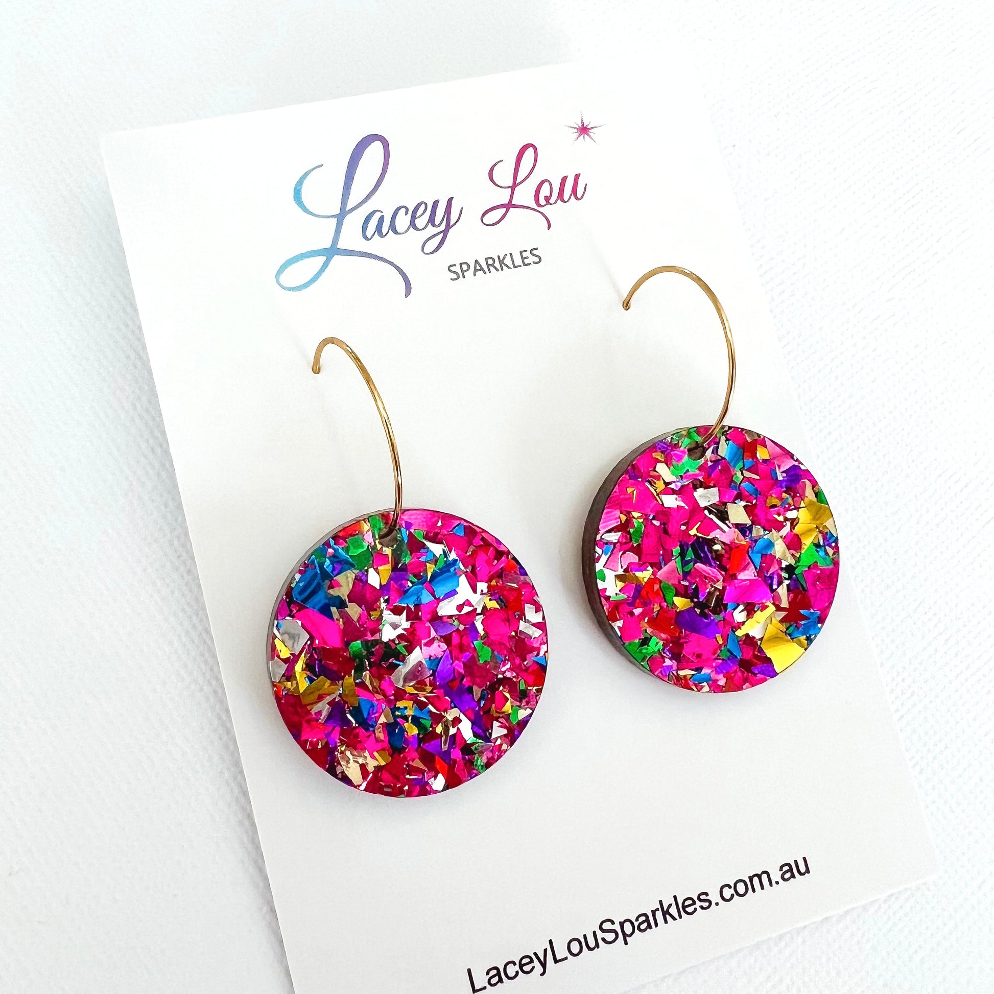CLEARANCE Round Rainbow Glitter Acrylic Hoop Dangle Earrings - Lacey Lou Sparkles