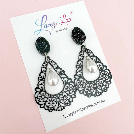 Diana Black Lace + Pearl Statement Dangles - Lacey Lou Sparkles