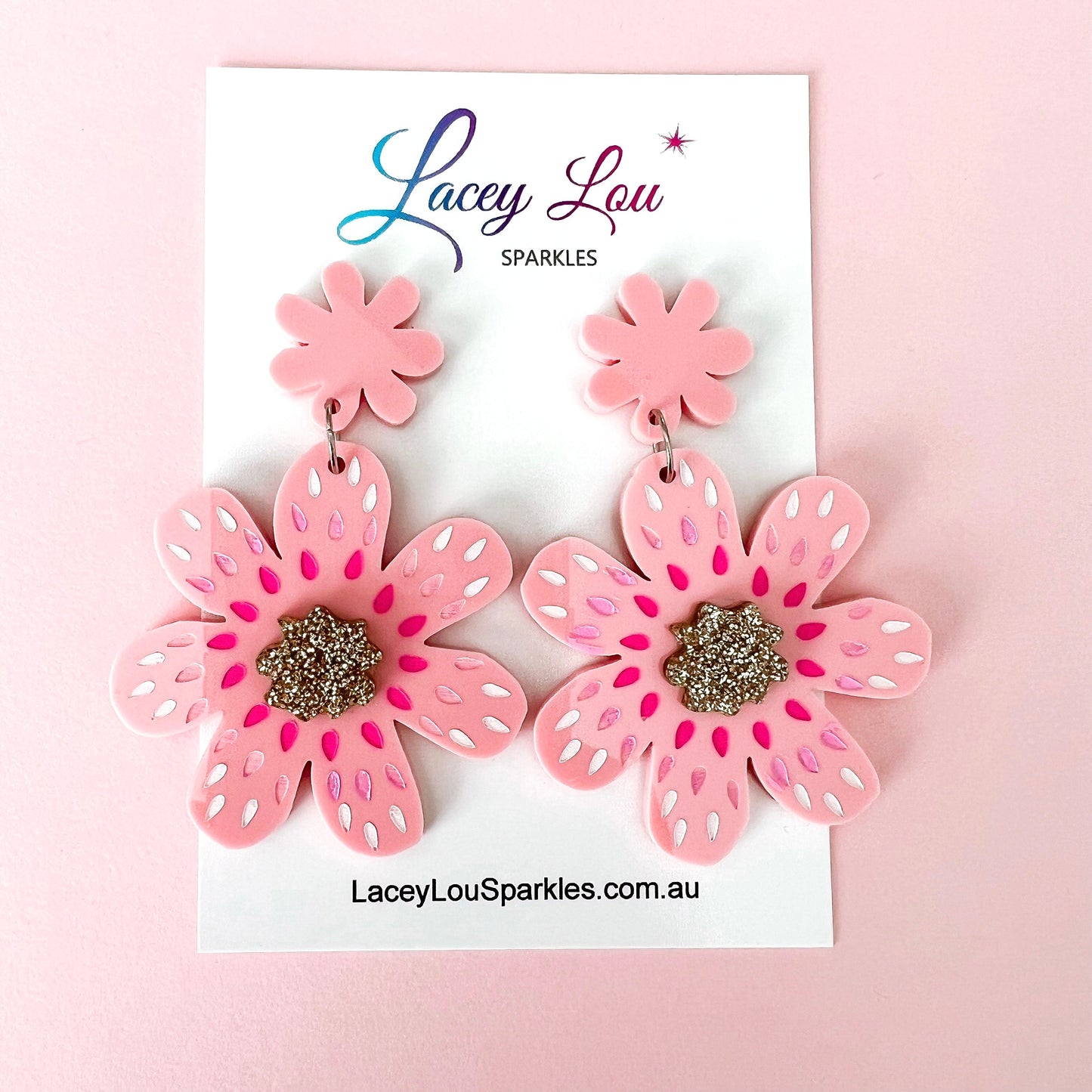 Extra Large Pink Flower Acrylic Earrings - Lacey Lou Sparkles