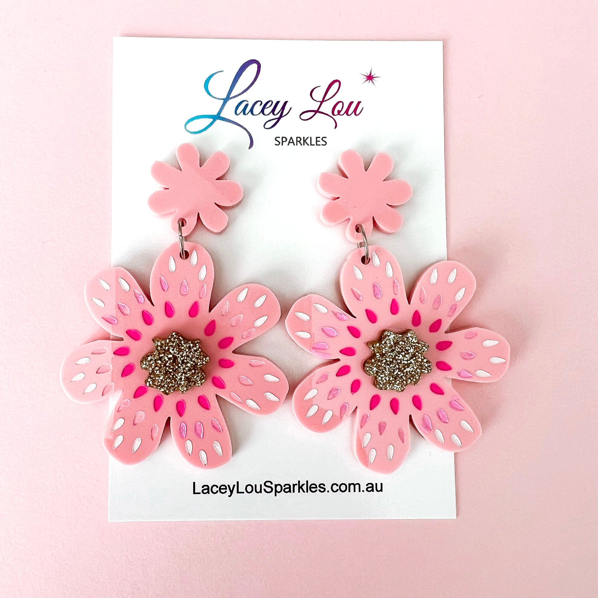 Extra Large Pink Flower Acrylic Earrings - Lacey Lou Sparkles