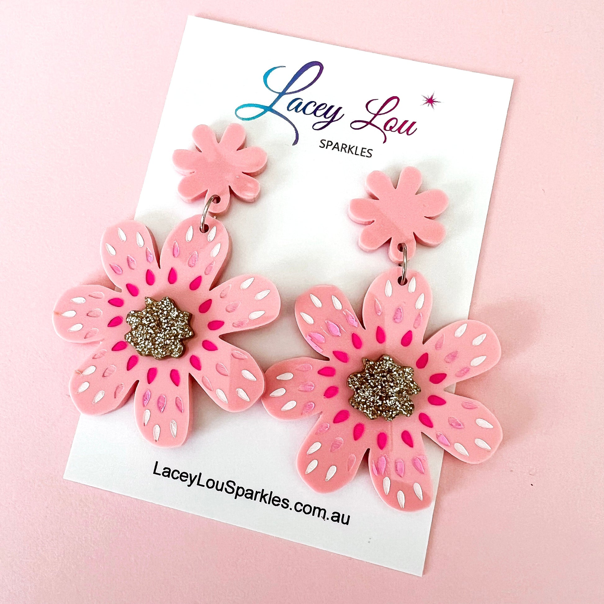 Extra Large Pink Flower Acrylic Earrings - Lacey Lou Sparkles
