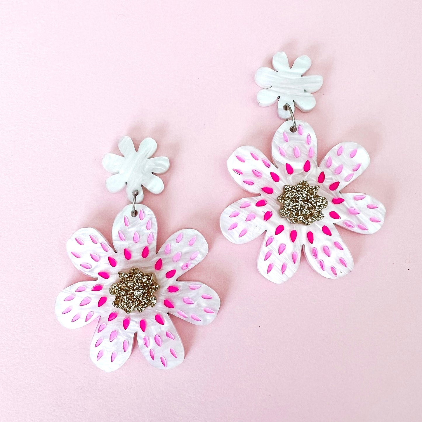 Extra Large White Flower Acrylic Earrings - Lacey Lou Sparkles
