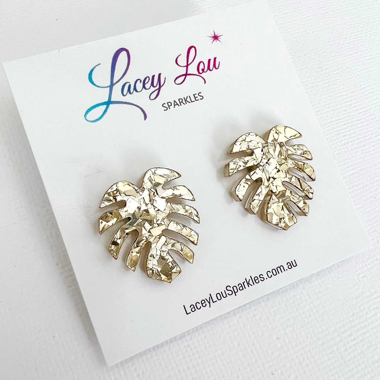Gold Glitter Monstera Acrylic Studs - Lacey Lou Sparkles