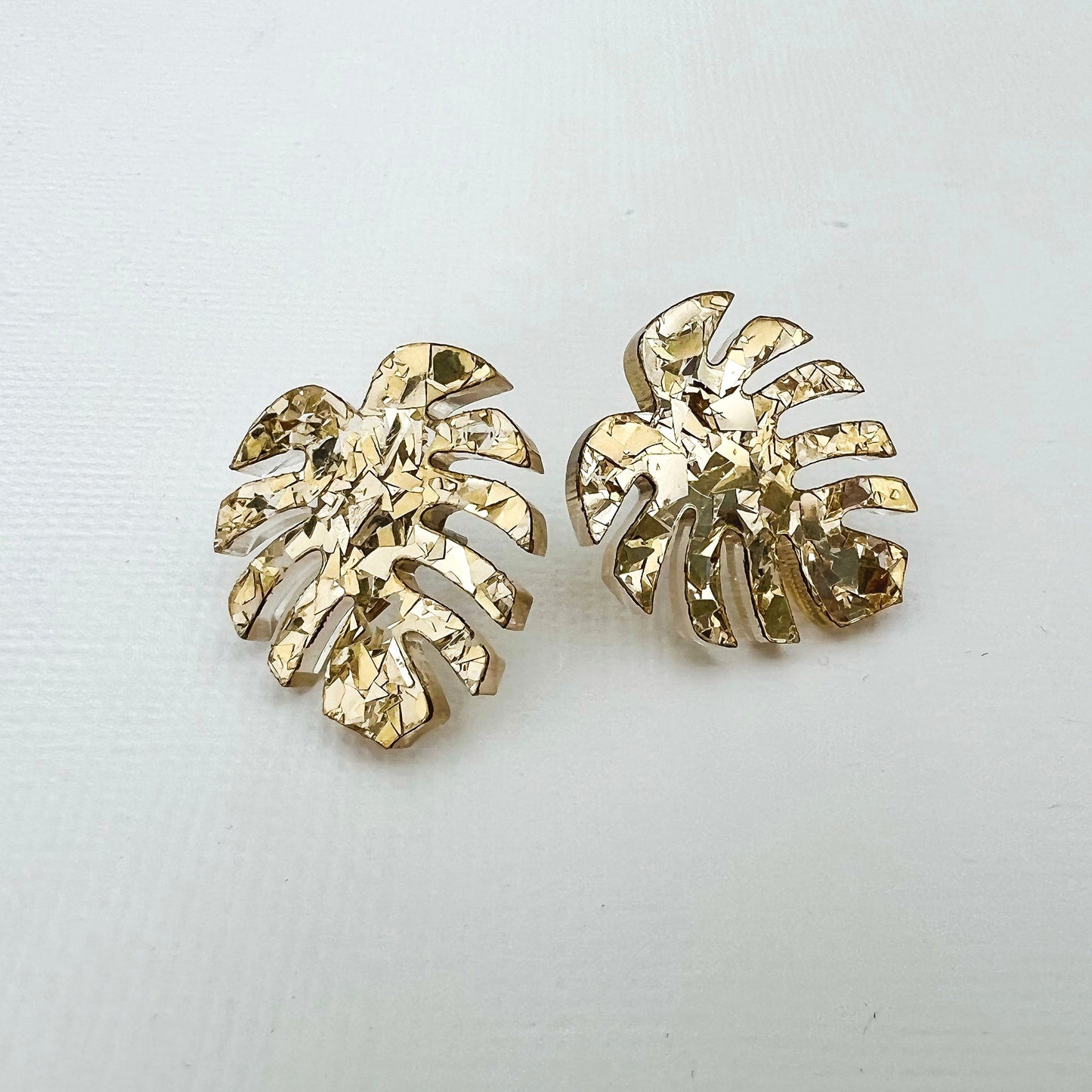 Gold Glitter Monstera Acrylic Studs - Lacey Lou Sparkles