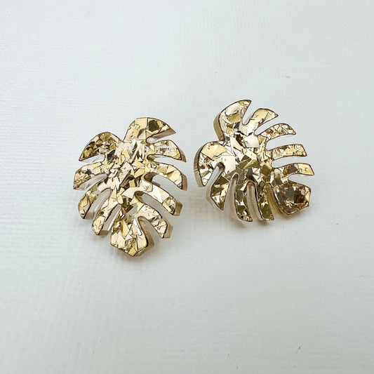 Gold Glitter Monstera Acrylic Studs - Lacey Lou Sparkles