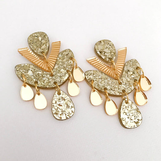 Golden Goddess Chandelier Dangles - Statement Acrylic Earrings - Lacey Lou Sparkles
