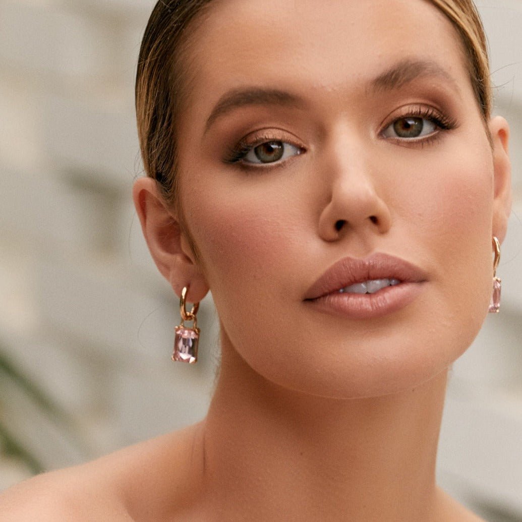 Grace Pink Emerald Cut Jewel Mini Hoop Earrings - Lacey Lou Sparkles