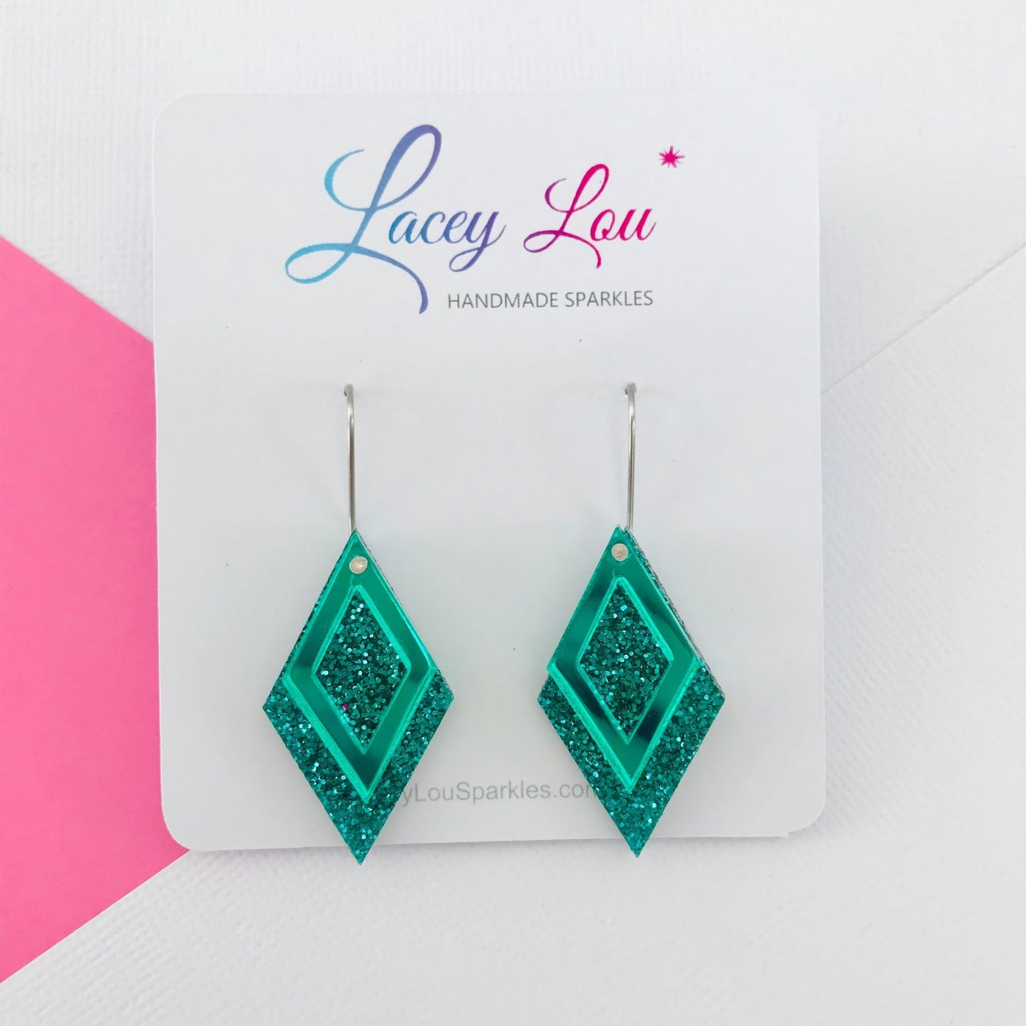 Green Diamond Dangle Acrylic Earrings - Lacey Lou Sparkles
