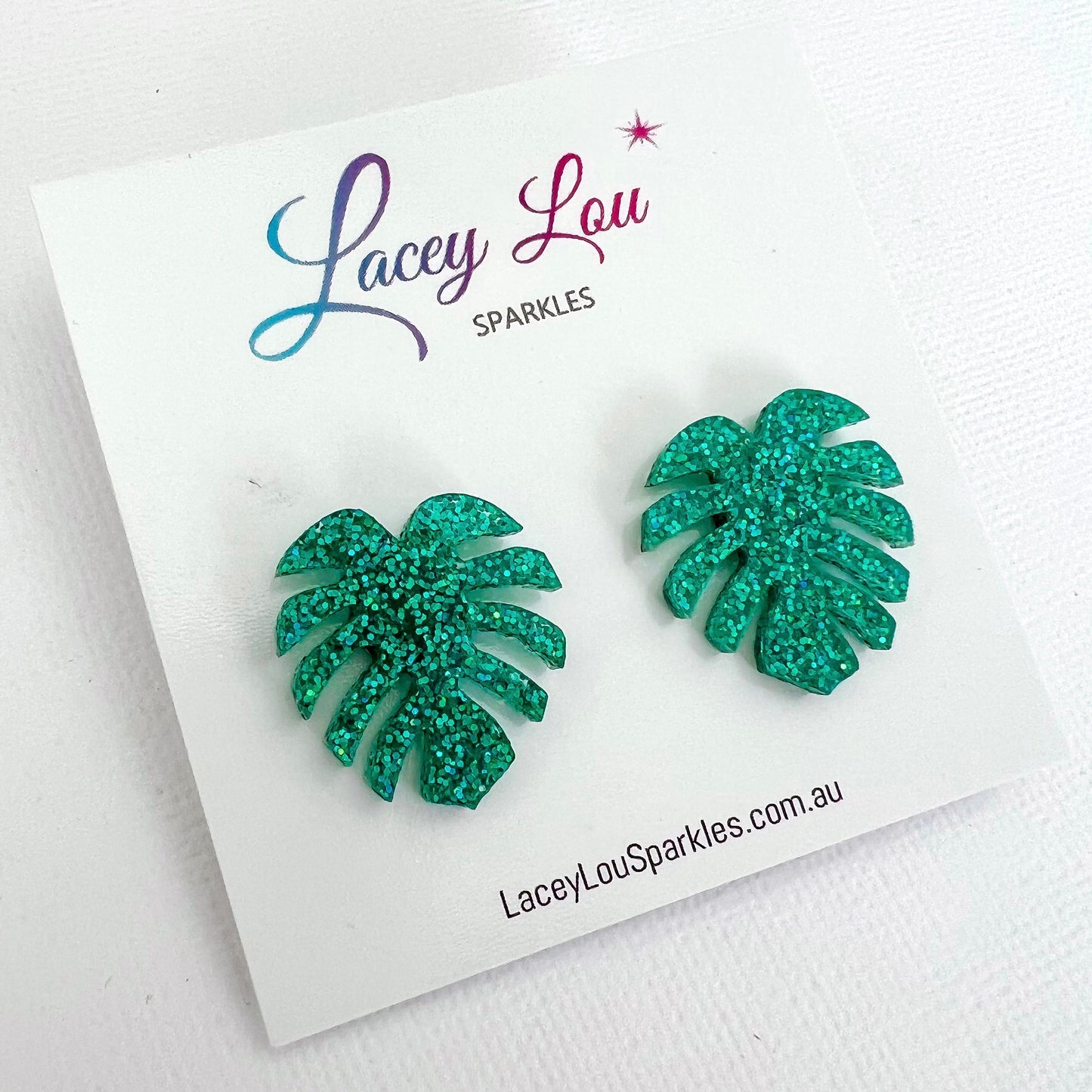 Green Glitter Monstera Acrylic Studs - Lacey Lou Sparkles