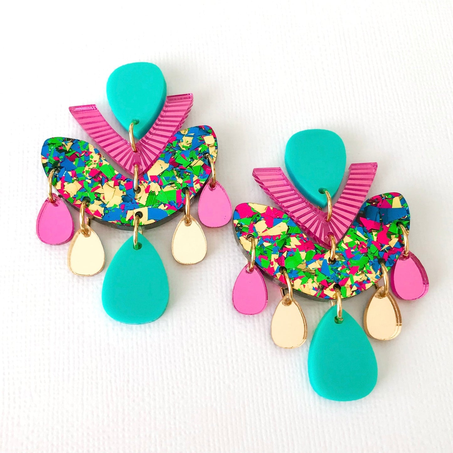 Green Multicolour Chandelier Dangles - Statement Acrylic Earrings - Lacey Lou Sparkles