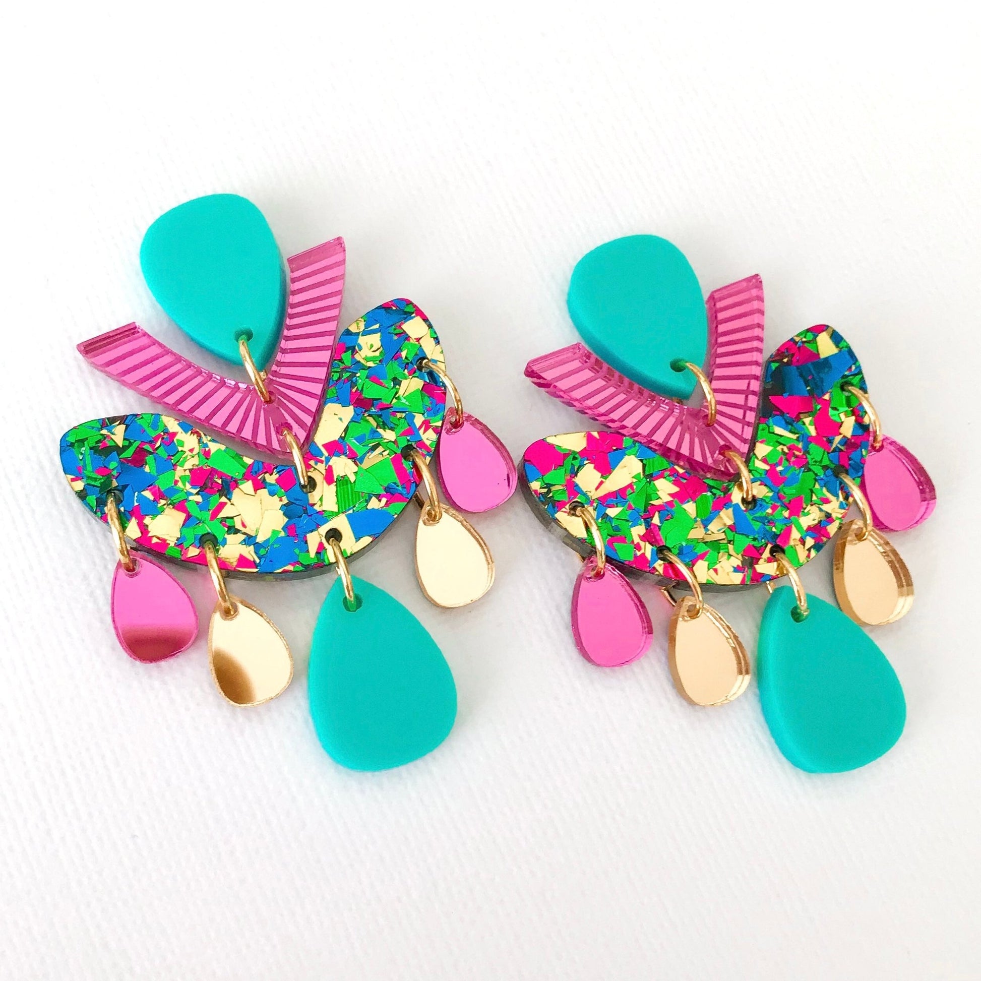 Green Multicolour Chandelier Dangles - Statement Acrylic Earrings - Lacey Lou Sparkles