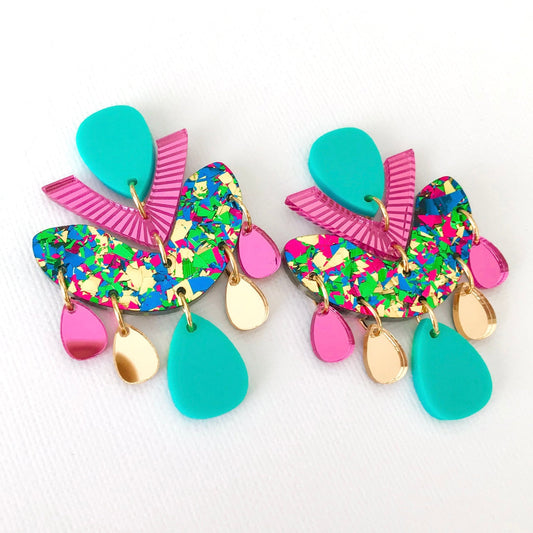 Green Multicolour Chandelier Dangles - Statement Acrylic Earrings - Lacey Lou Sparkles