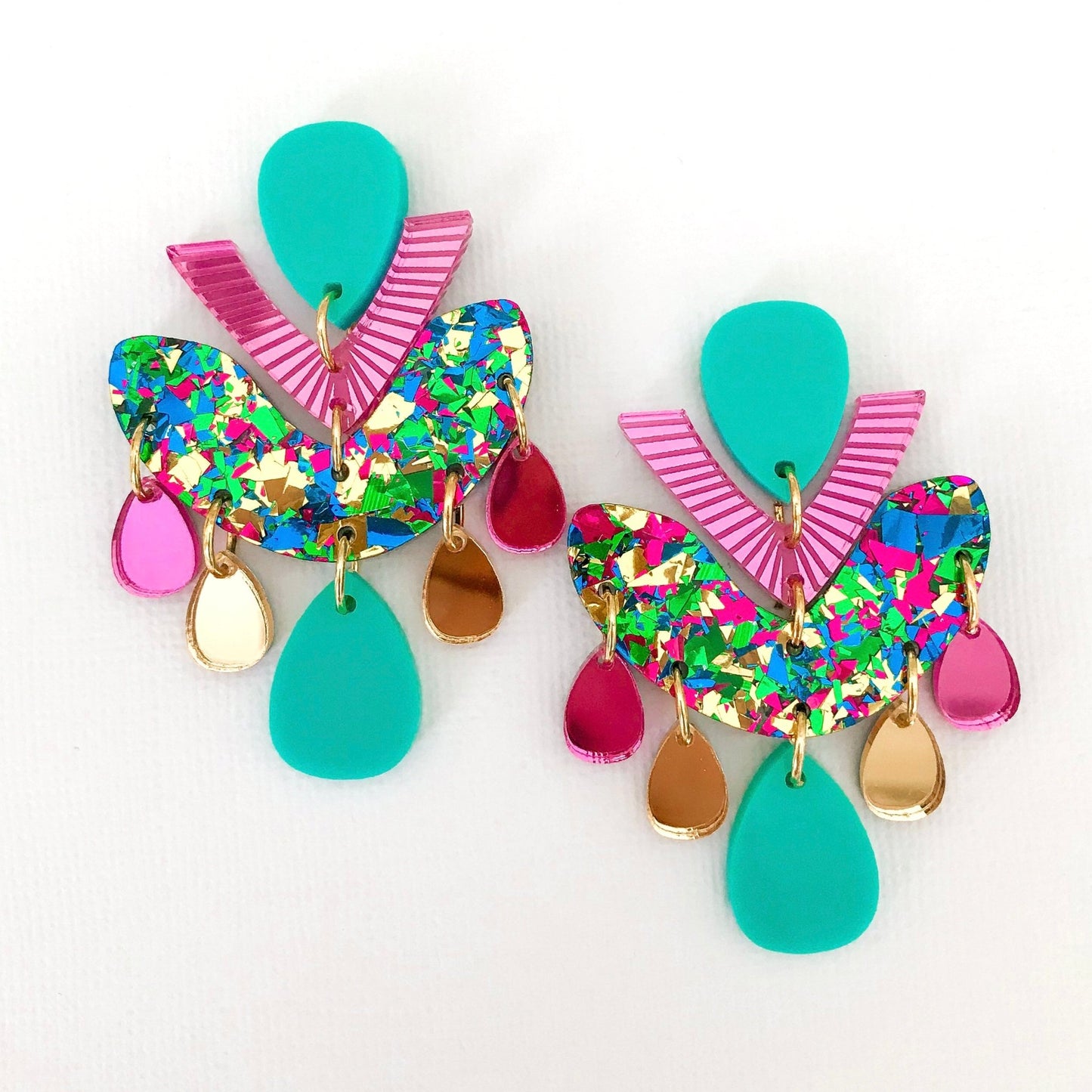 Green Multicolour Chandelier Dangles - Statement Acrylic Earrings - Lacey Lou Sparkles