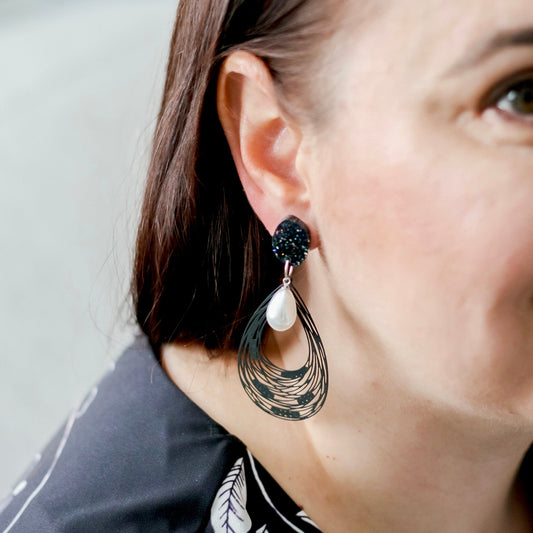 Harper Black Lace + Pearl Statement Dangles - Lacey Lou Sparkles
