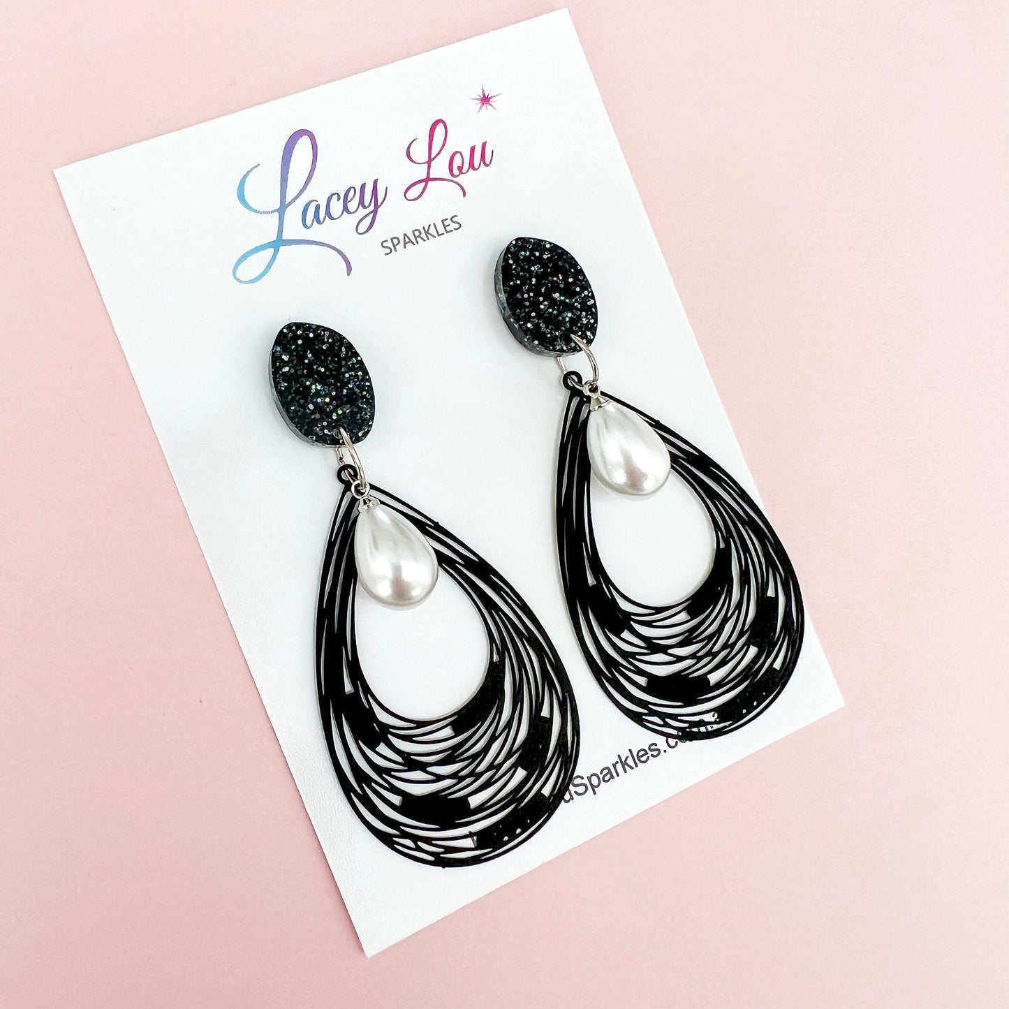 Harper Black Lace + Pearl Statement Dangles - Lacey Lou Sparkles
