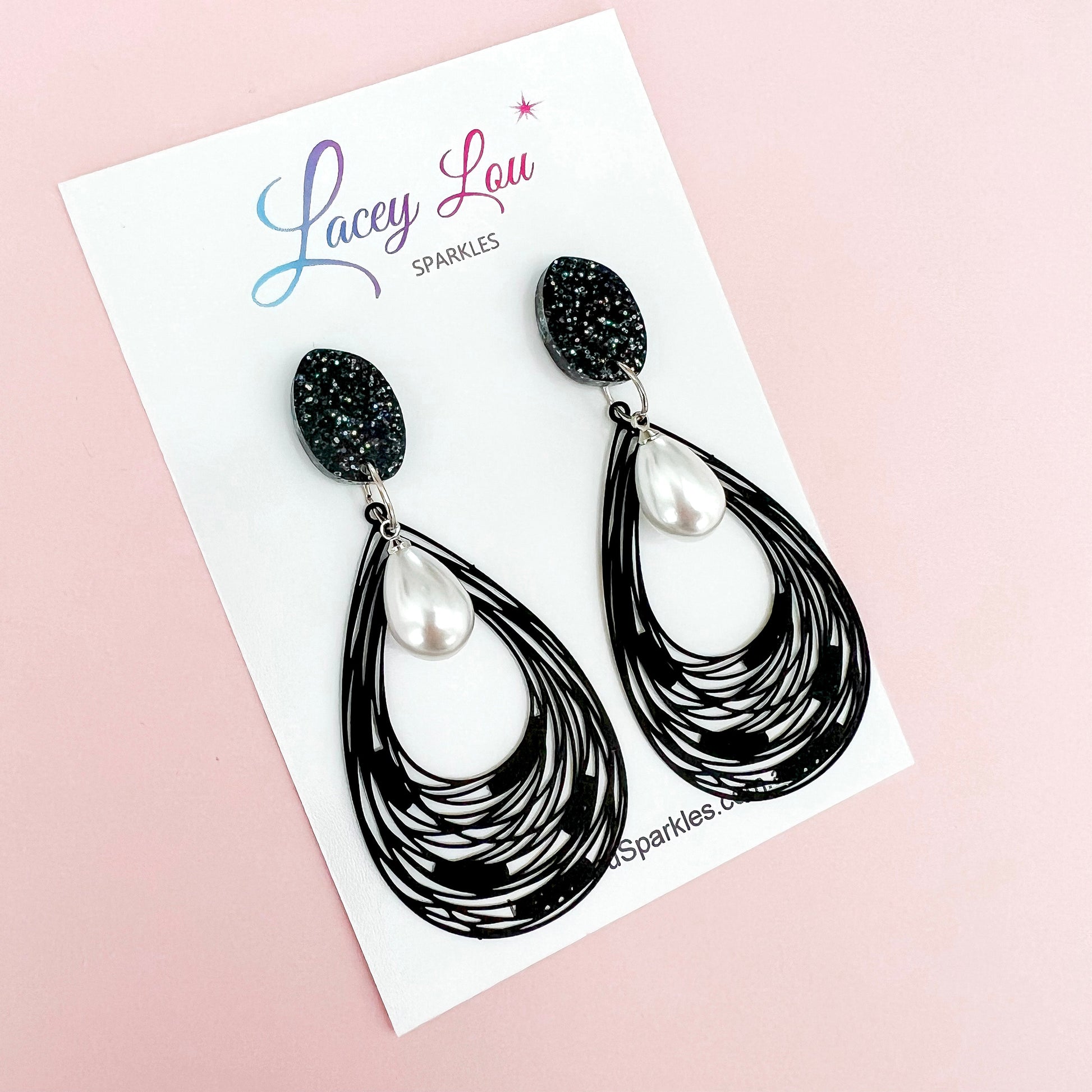 Harper Black Lace + Pearl Statement Dangles - Lacey Lou Sparkles