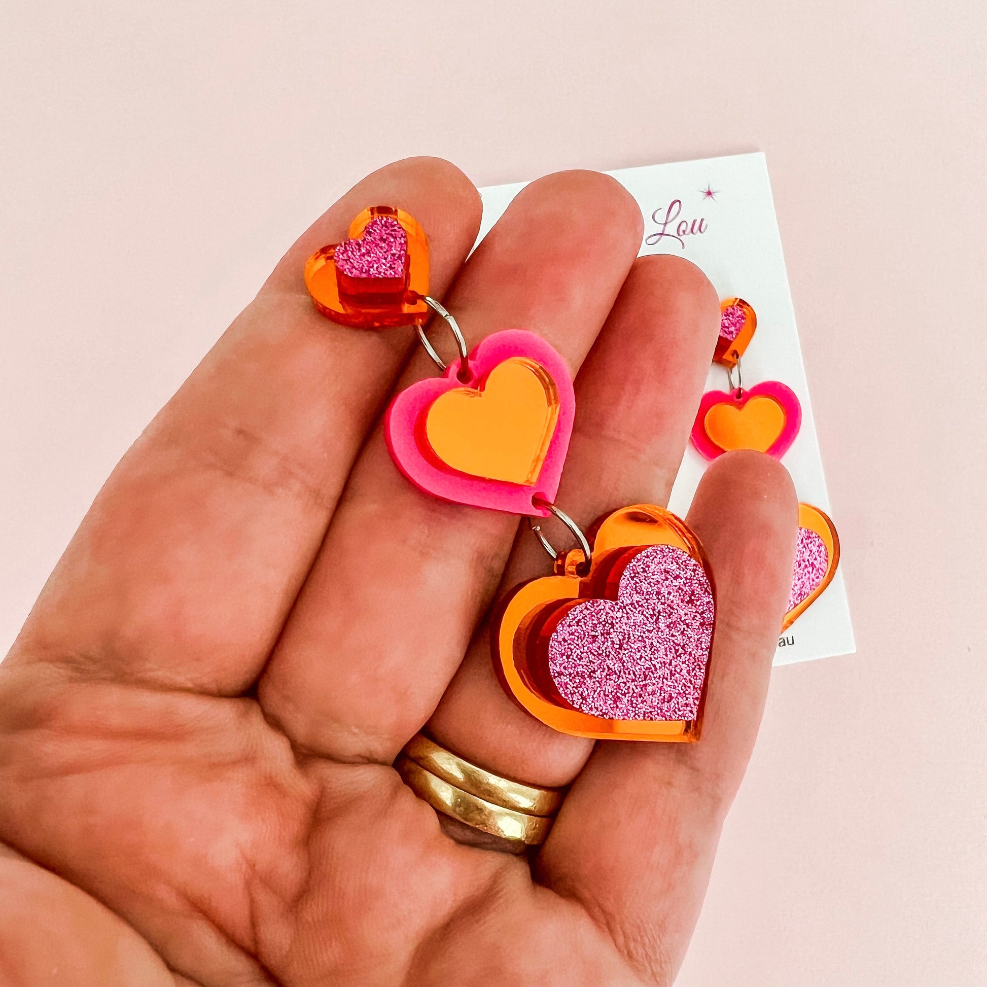 Hot Pink & Orange Heart Statement Acrylic Dangles - Lacey Lou Sparkles